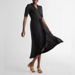 NWT Quince Women's Black Tencel Jersey Midi Wrap Dress Sz L